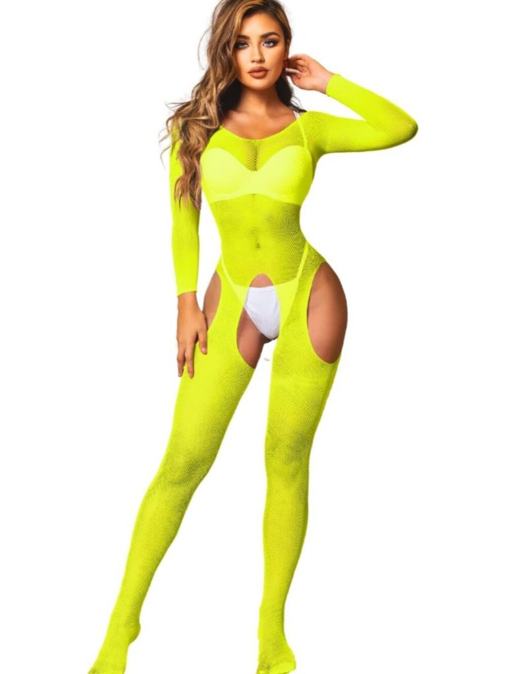 Women's Body Stocking Neon Yellow High Neck Fishnet Sleeveless Nightwear Comfort